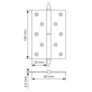 MB 120X80X3.5 AB R C, латунная петля с коронкой правая, античная бронза